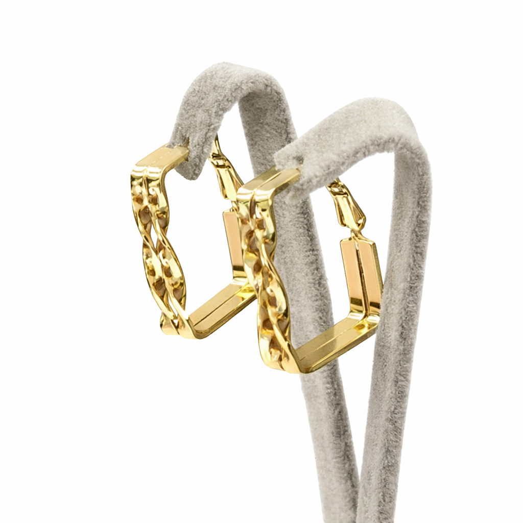 Modern Altın Renk Zincir Detaylı Halka Küpe (14K GOLD/3X2CM)